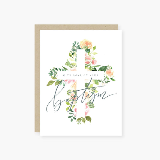 Floral cross baptism card: Single card