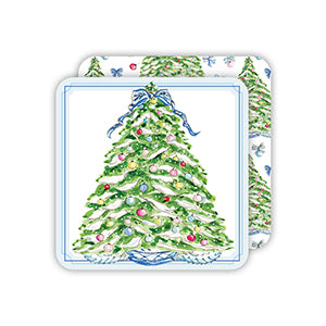 Christmas Tree with Ornaments and Blue Bow Square Coaster