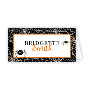 White Spiderwebs on Black with Spiders Place Card