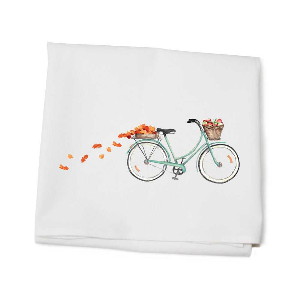 bike with apples and leaves flour sack towel