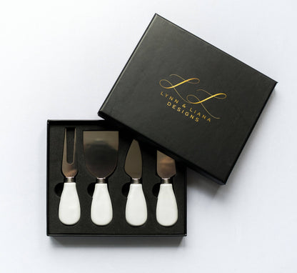 Cheese Knife and Spreader Set with Gift Box: White Ceramic