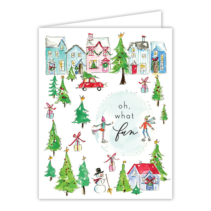 Oh What Fun Handpainted Snow Village Greeting Card