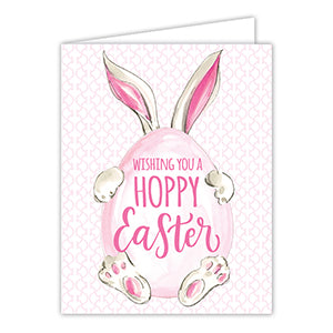 Handpainted Wishing you a Hopp Easter Bunny Hiding Behind Egg Greeting Card