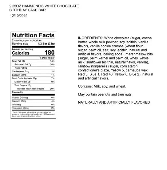 Candy Bar - White Chocolate - Birthday Cake - 2.25 oz
