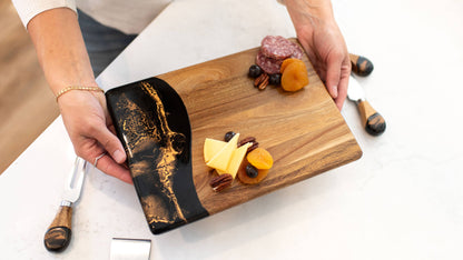 Wood Resin Date Night Cheese Charcuterie Board - NO TARIFFS!: Black Ember