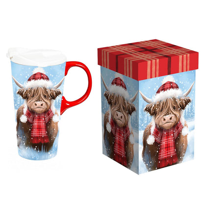 Holiday Poinsettia Travel Cup Ceramic Perfect Cup, Highland Cow, 17oz, Gift Box