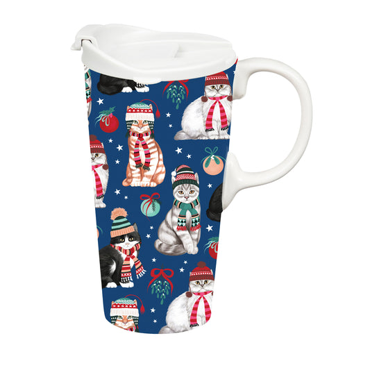 Ceramic Perfect Travel Cup, 17oz, w/ Gift Box, Winter Cats