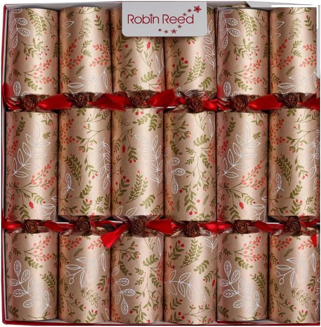 Robin Reed 12" Christmas Crackers, Buds and Berries Design - Box of 6