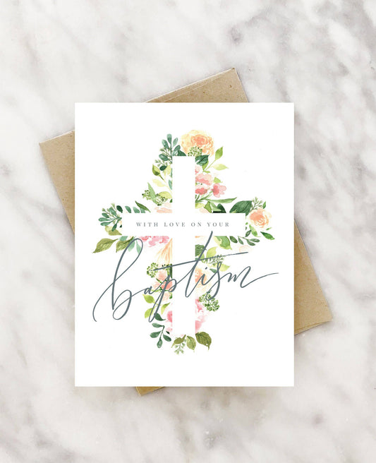 Floral cross baptism card: Single card