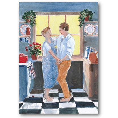 Romance, slow dancing in the kitchen greeting card