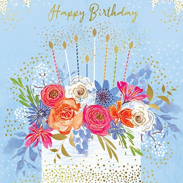 Birthday Cake Blue Floral Birthday Greeting Card
