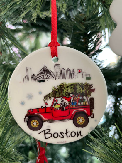 Santa in Jeep Christmas Boston Skyline