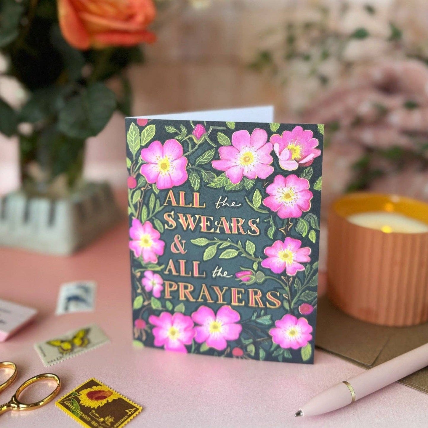 All The Swears and All The Prayers (Wild Roses) — Encouragement, Sympathy Card: Eco-friendly card pocket