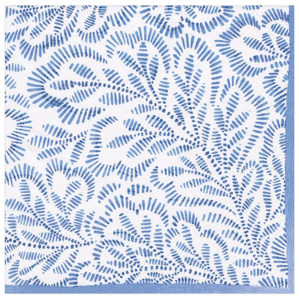 Block Print Leaves Paper Dinner Napkins - Blue