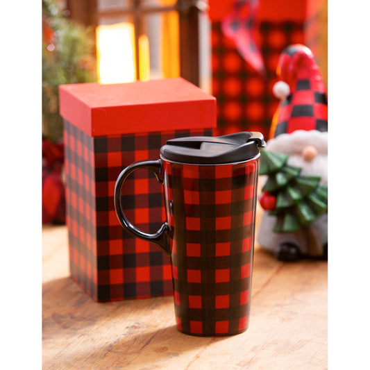 Ceramic Travel Cup, 17 OZ. ,w/box, Red & Black Buffalo Plaid