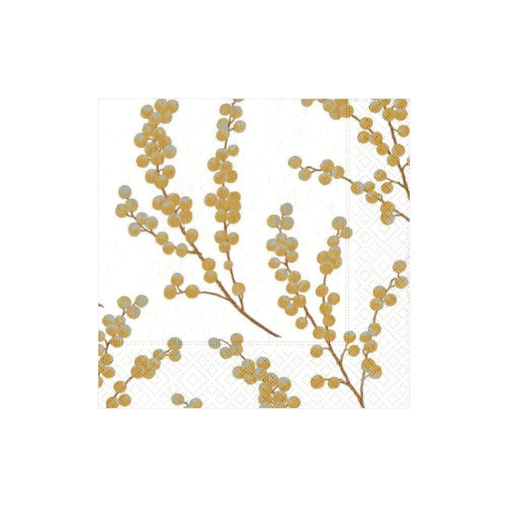 Berry Branches Paper Cocktail Napkins in White & Gold